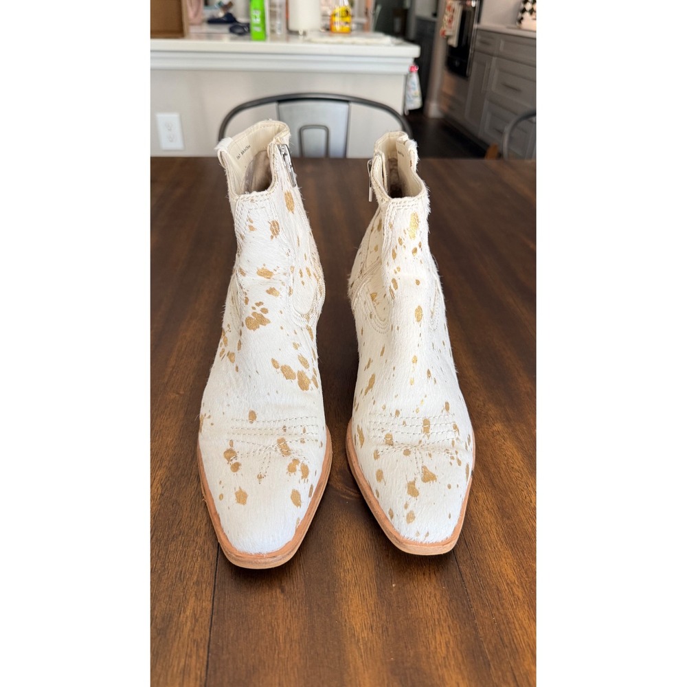 Dolce Vita Women White Gold Metallic Calf Hair Cow Print Ankle Boots Size 7